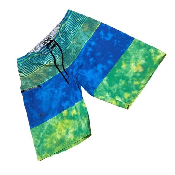 Volcom Men Size 33 Blue Green Striped Swim Board‎ Shorts EUC - Picture 2 of 9
